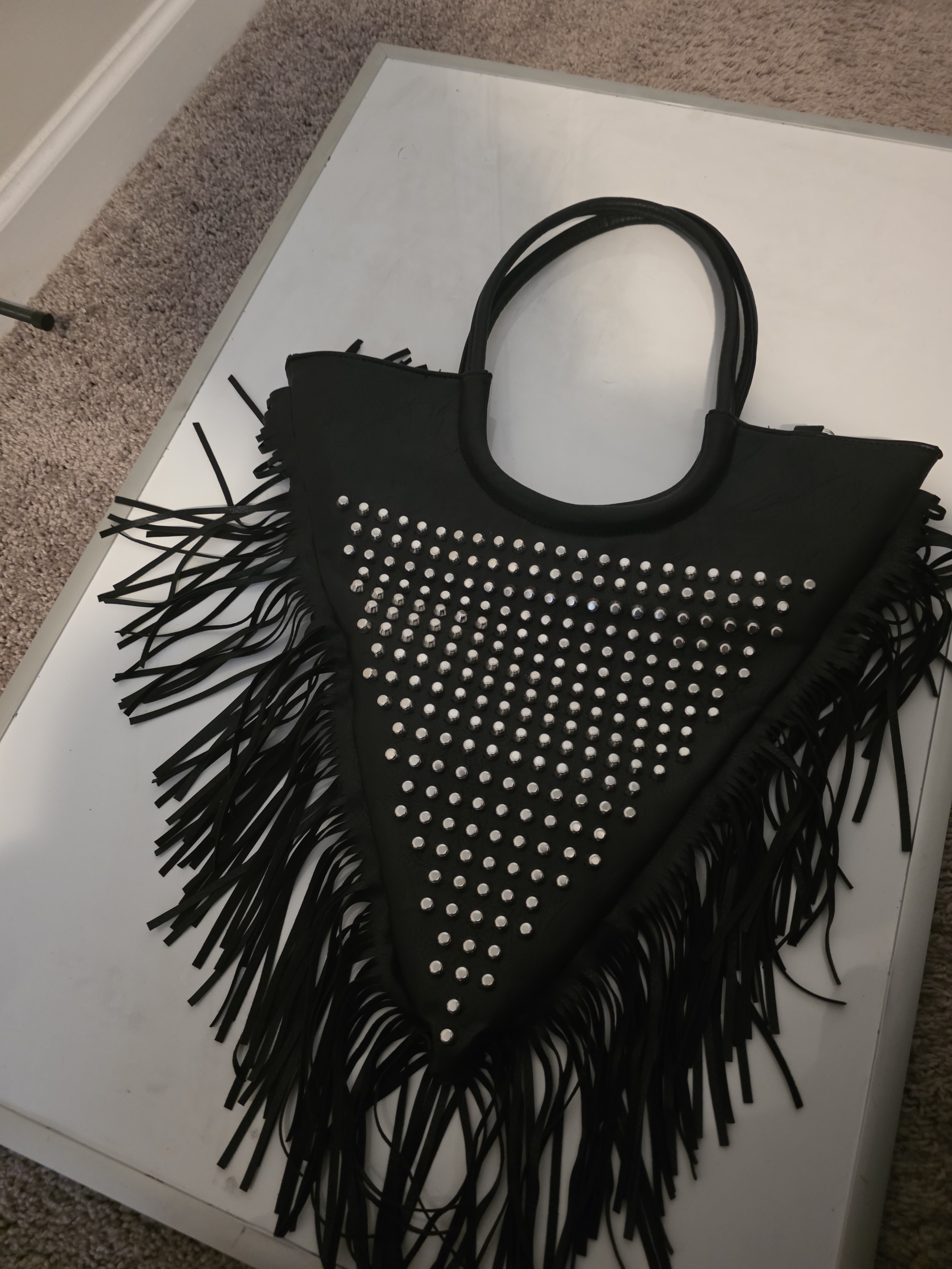 Nasty Gal Black Fringe Studded Triangle Tote Bag - Chic Women's Handbag